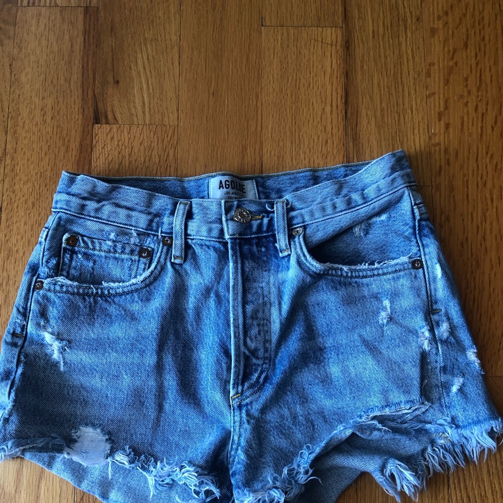 Agolde Light Blue High-Rise Frayed Denim Shorts